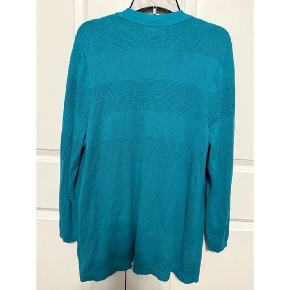 Lands End Teal Blue Cardigan Sweater Knit Stripe Open Front‎ Women 1X 60/40